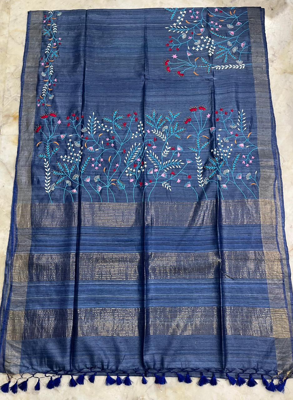 Pure Desi Tussar By Tussar Silk Embroidery Work Saree With Running Blouse
