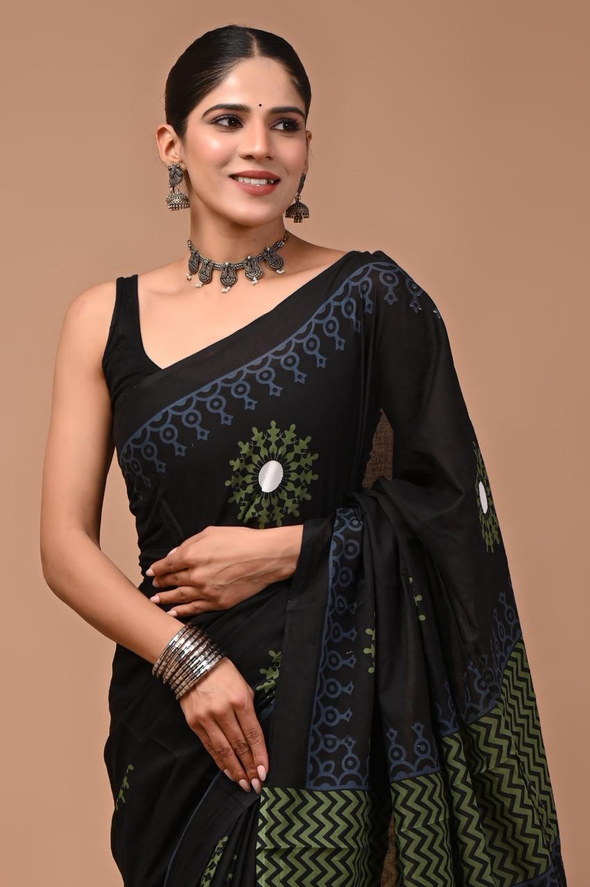 Pure Mulmul Cotton hand block Print Saree with Blouse