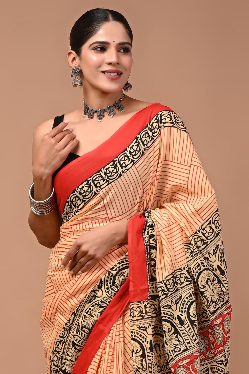 Pure Mulmul Cotton hand block Print Saree with Blouse