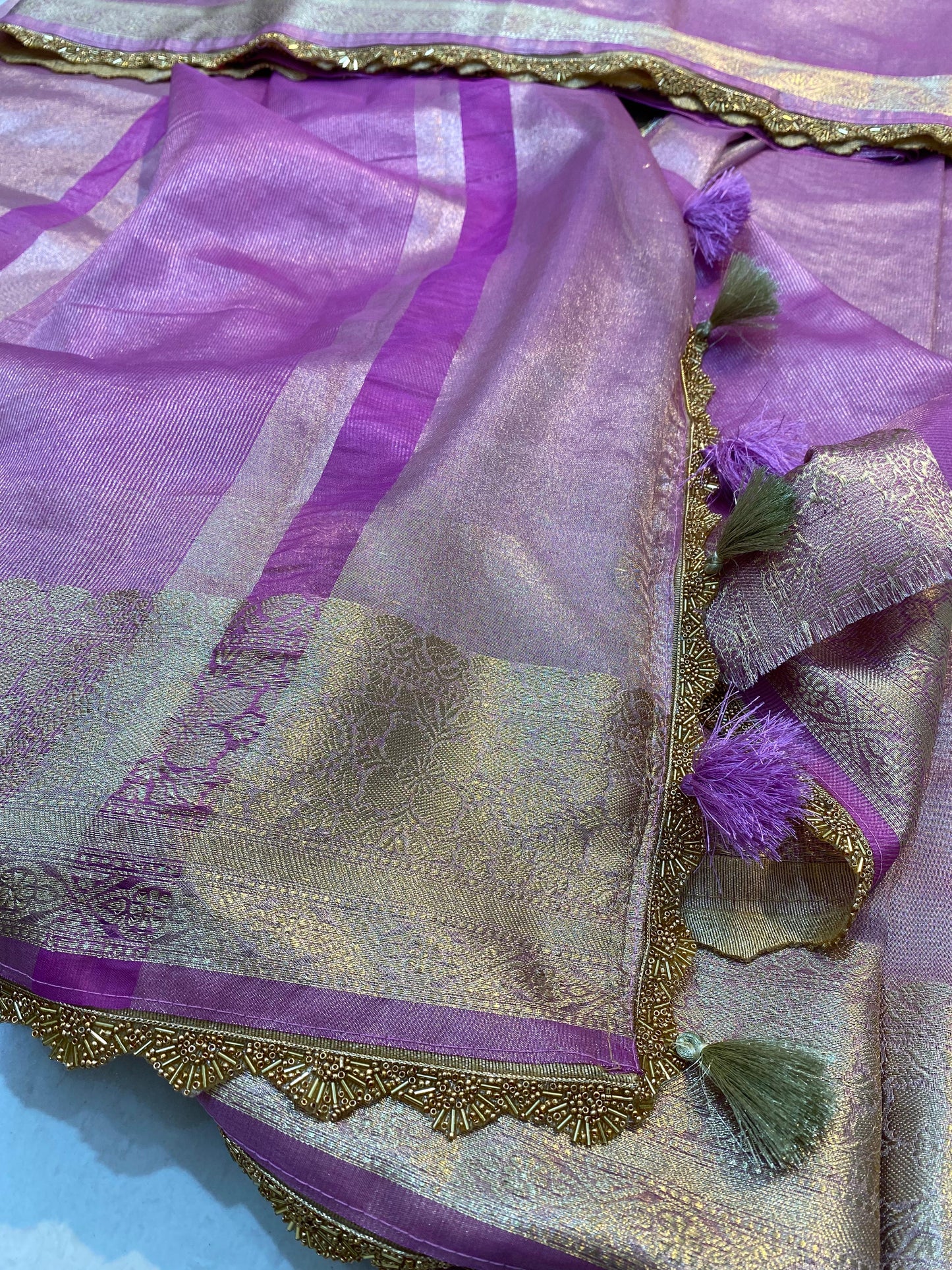 Banarasi Tissue Silk Saree With Heavy Lace Work Running blouse