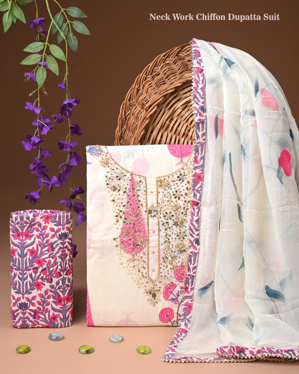 Designer gota patti hand work cotton unstitched suit with chiffon dupatta