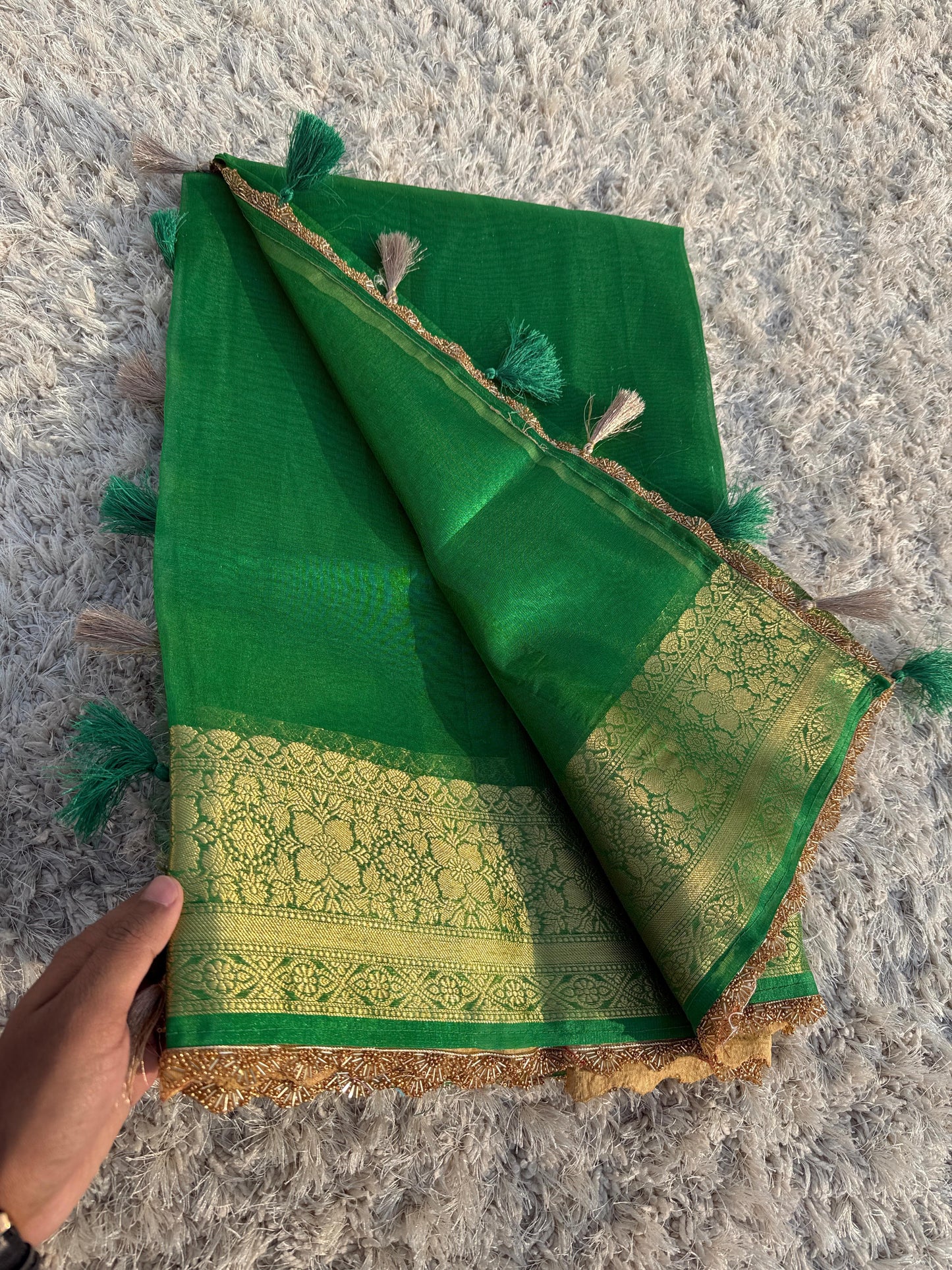Banarasi Tissue Silk Saree With Heavy Lace Work Running blouse