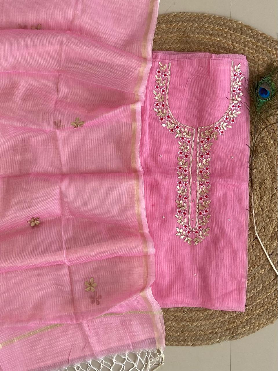 Pure Kota-Doria Unstitched Suit Gota Patti work Work