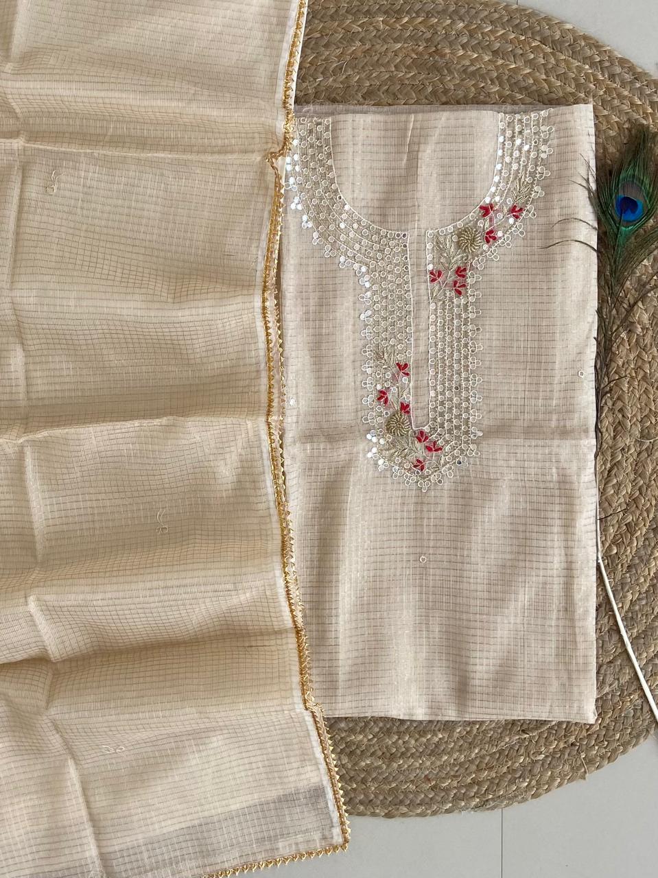 Pure Kota-Doria Unstitched Suit Gota Patti work Work