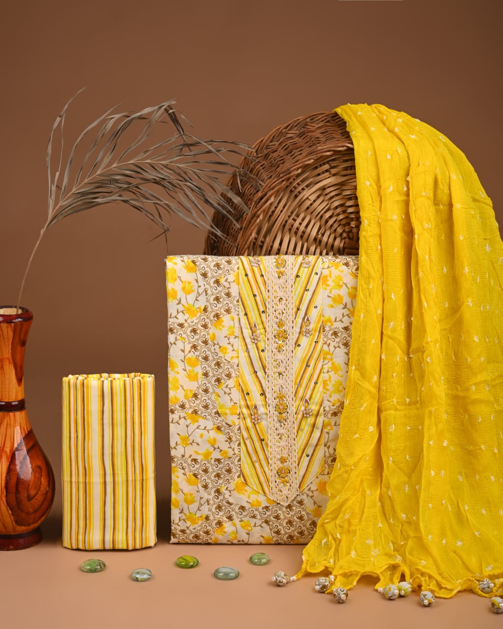 Designer gota patti hand work cotton unstitched suit with chiffon dupatta