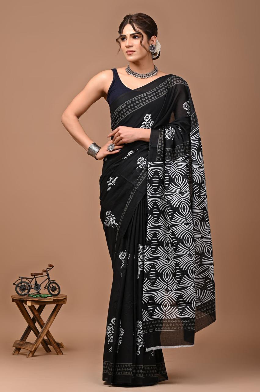 Pure Mulmul Cotton hand block Print Saree with Blouse