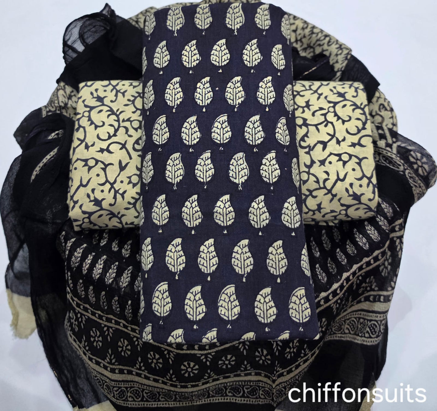Pure cotton hand-block print suit with Chiffon dupatta