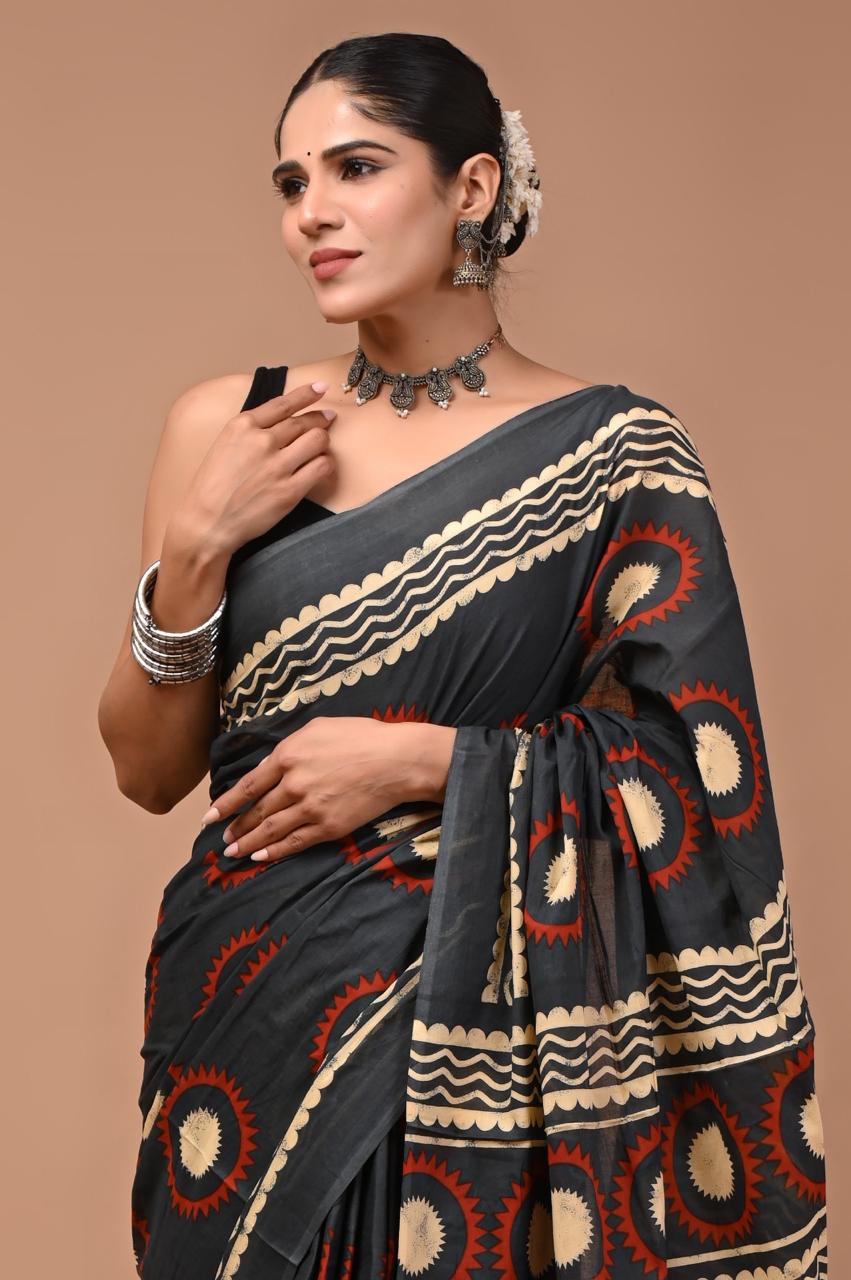 Pure Mulmul Cotton hand block Print Saree with Blouse