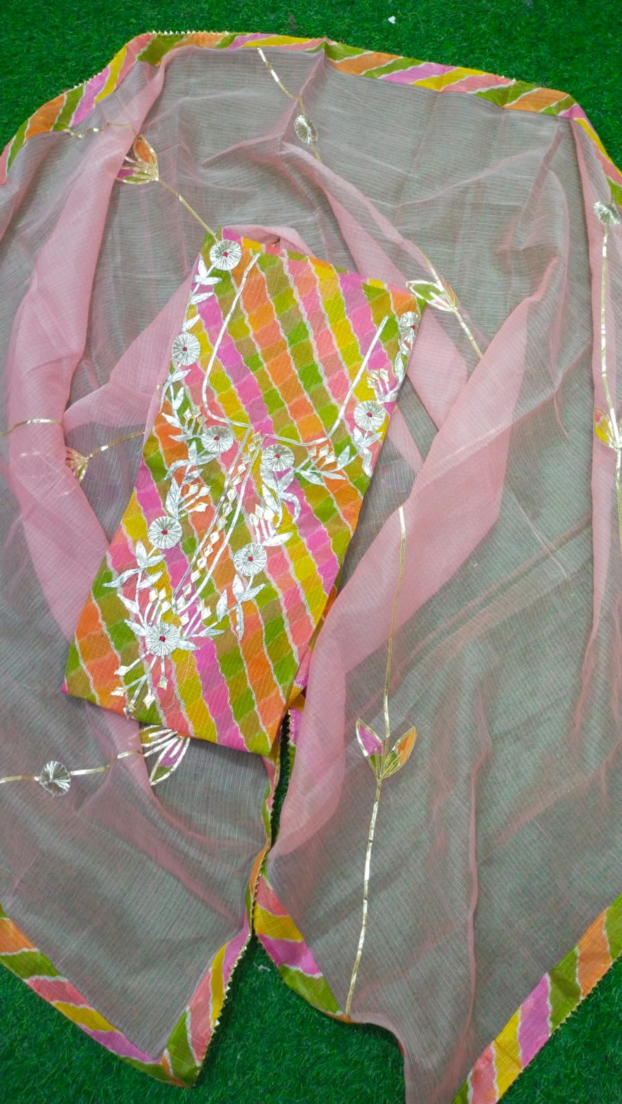 Premium Kota Doria Cotton 3 Pic Unstitched Suit Material with Hand Gota Work & Dupatta