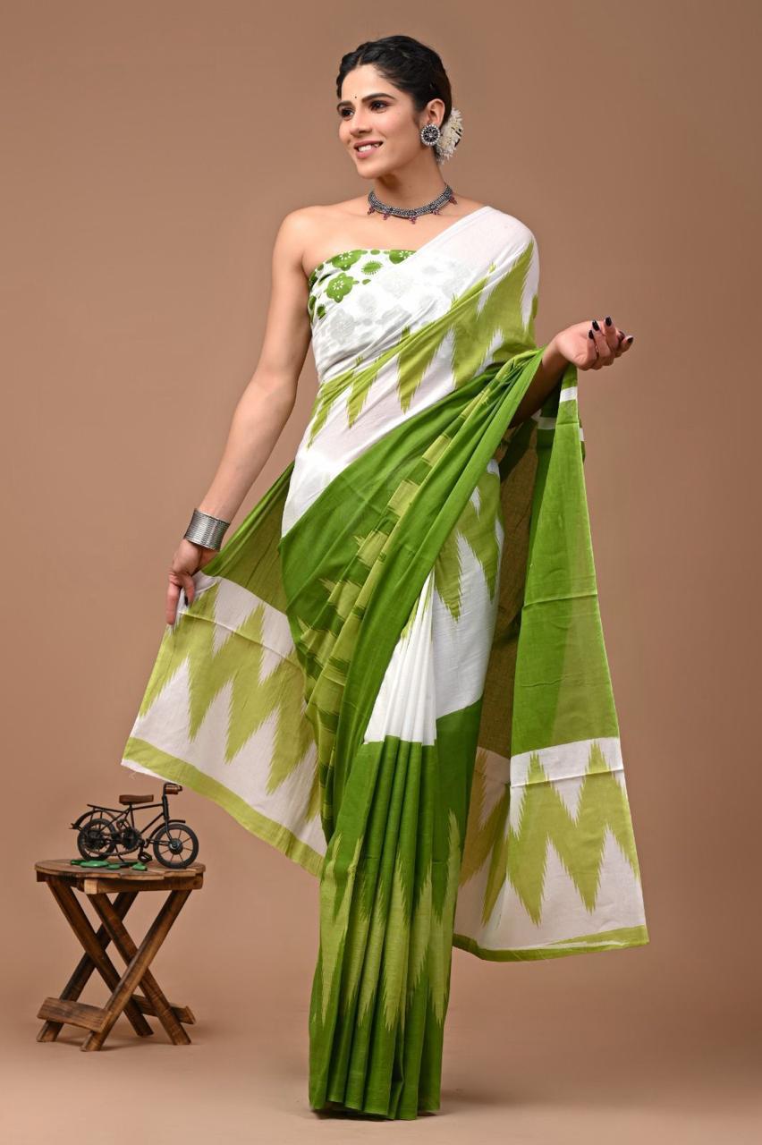 Pure Mulmul Cotton hand block Print Saree with Blouse