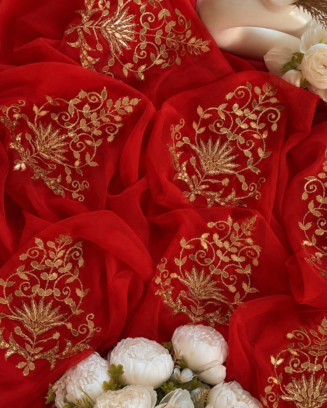 Royal Red Pure Chiffon Saree with Handcrafted Gota Patti Work