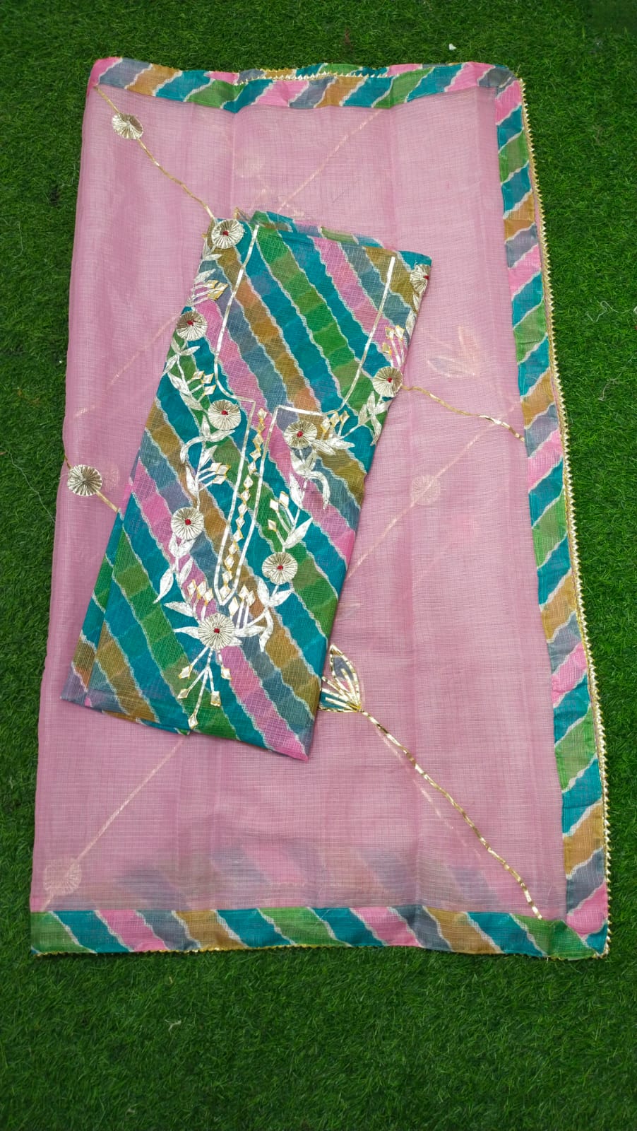 Premium Kota Doria Cotton 3 Pic Unstitched Suit Material with Hand Gota Work & Dupatta