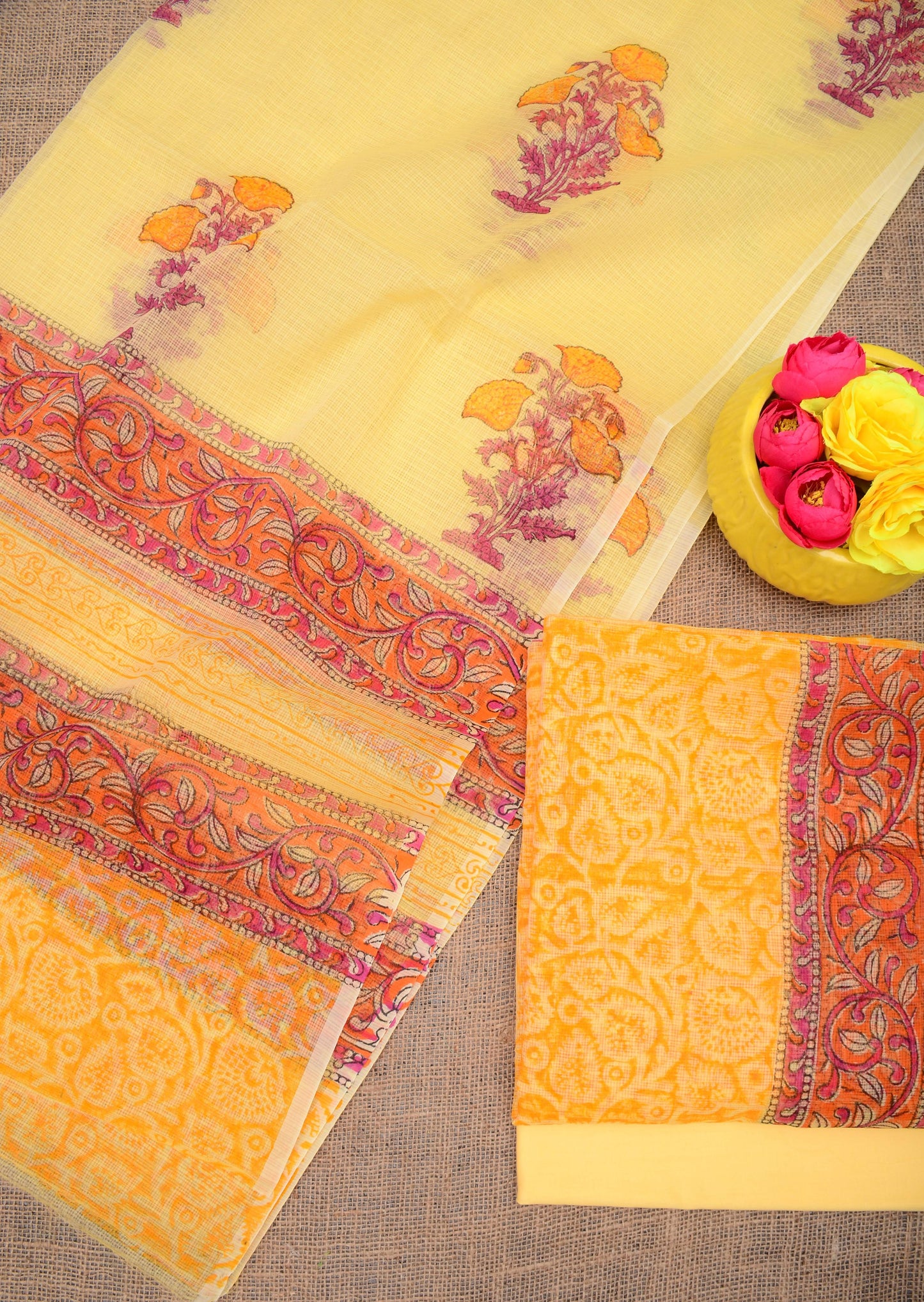 Kota Doria Hand Block printed Unstitched Suit