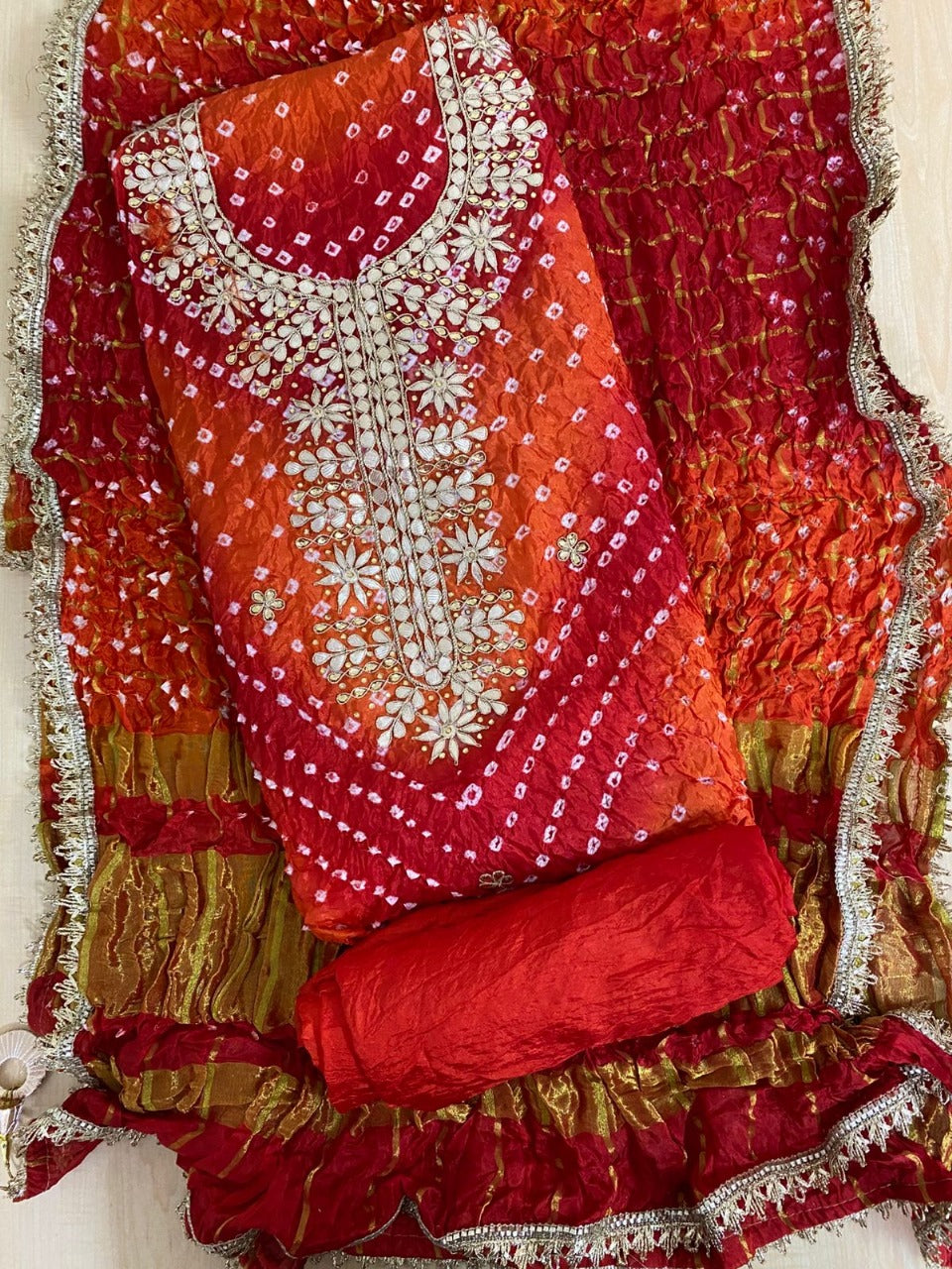 Bandhej Gota patti work Unstitched Suit