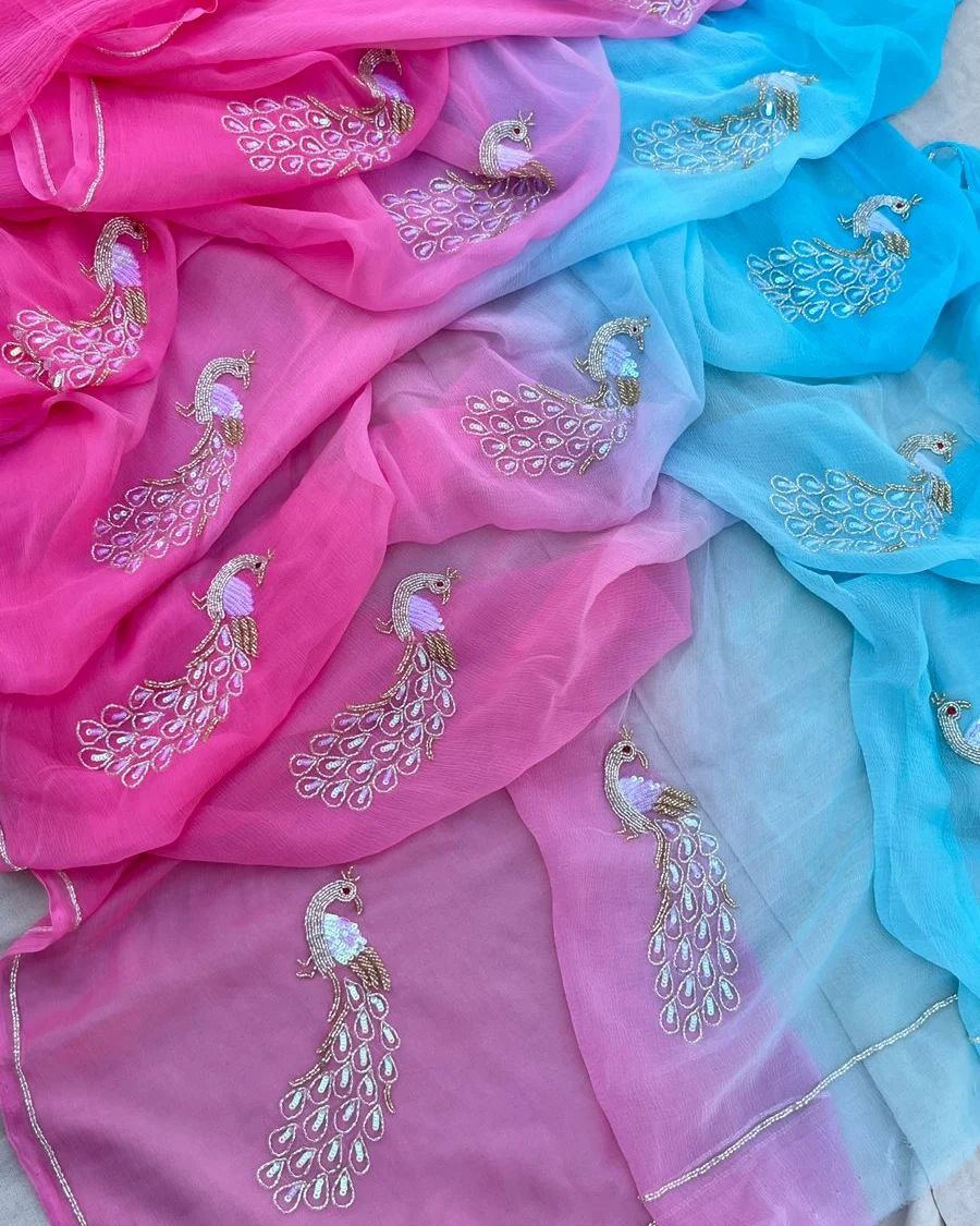 Pure Jaipuri Chiffon 13 big peacock work Saree with blouse