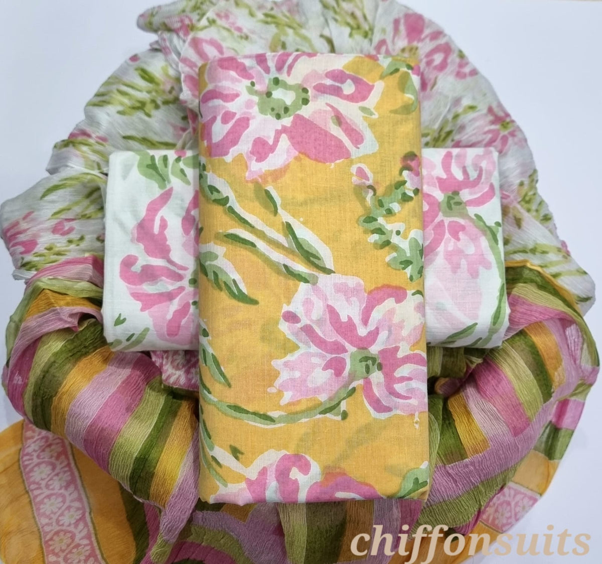 Pure cotton hand-block print suit with Chiffon dupatta