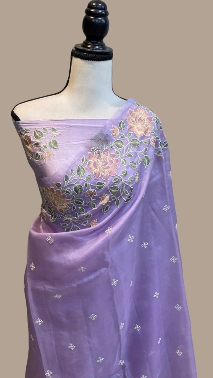 Banarasi Soft Kora Organza Embroidery Work Saree