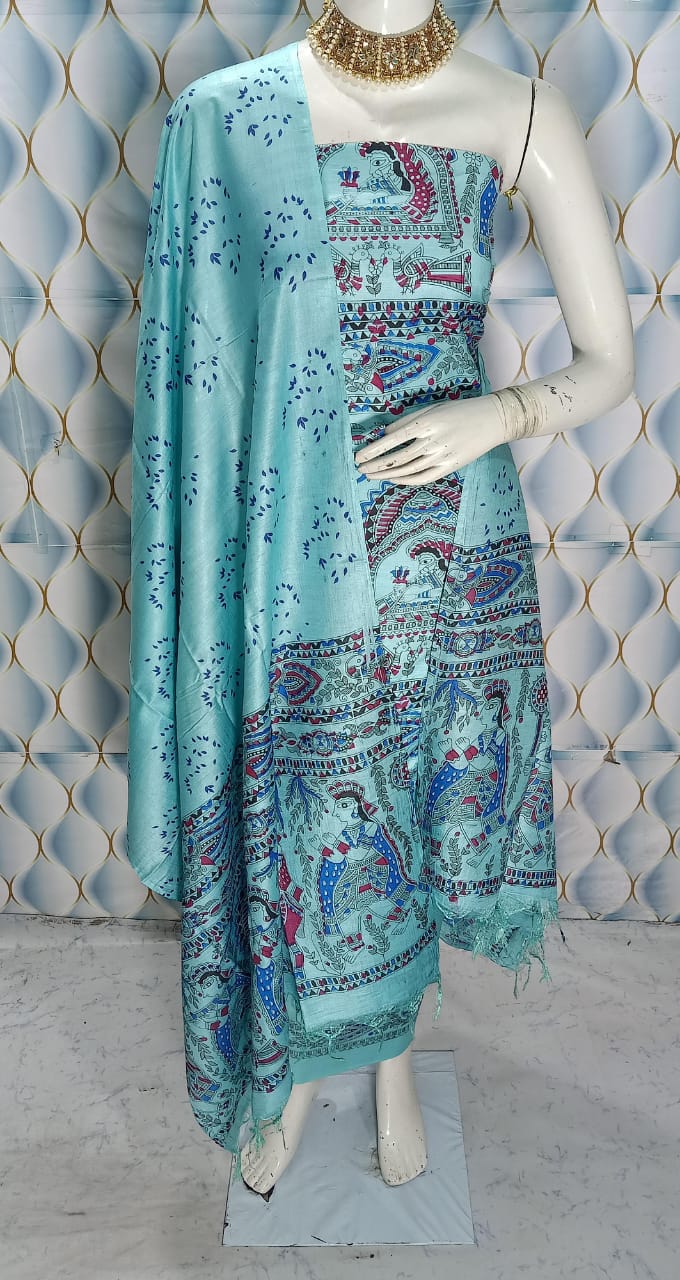 BHAGALPURI KATAN MADHUBANI PRINT UNSTITCHED SUIT
