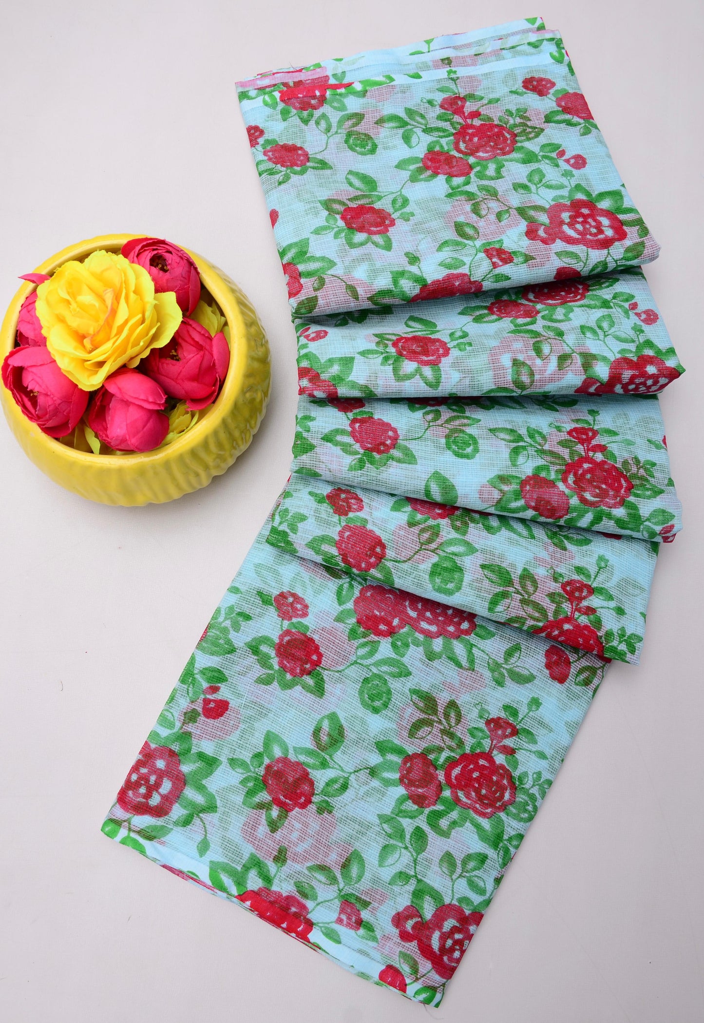 Pure Cotton Kota Doria Kalam Kari Floral Print Saree