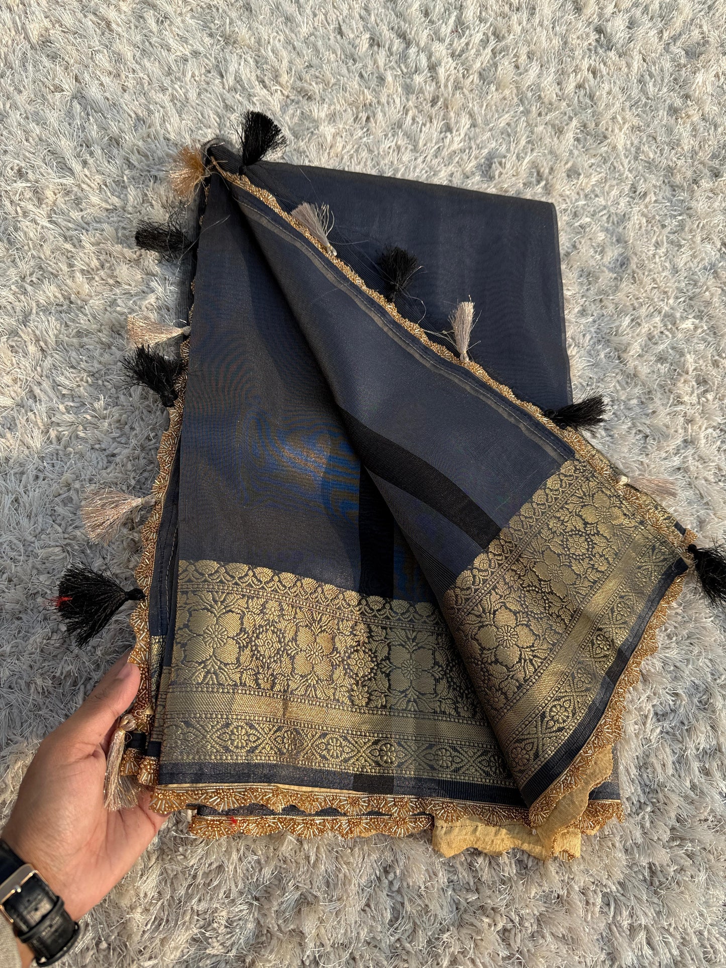 Banarasi Tissue Silk Saree With Heavy Lace Work Running blouse