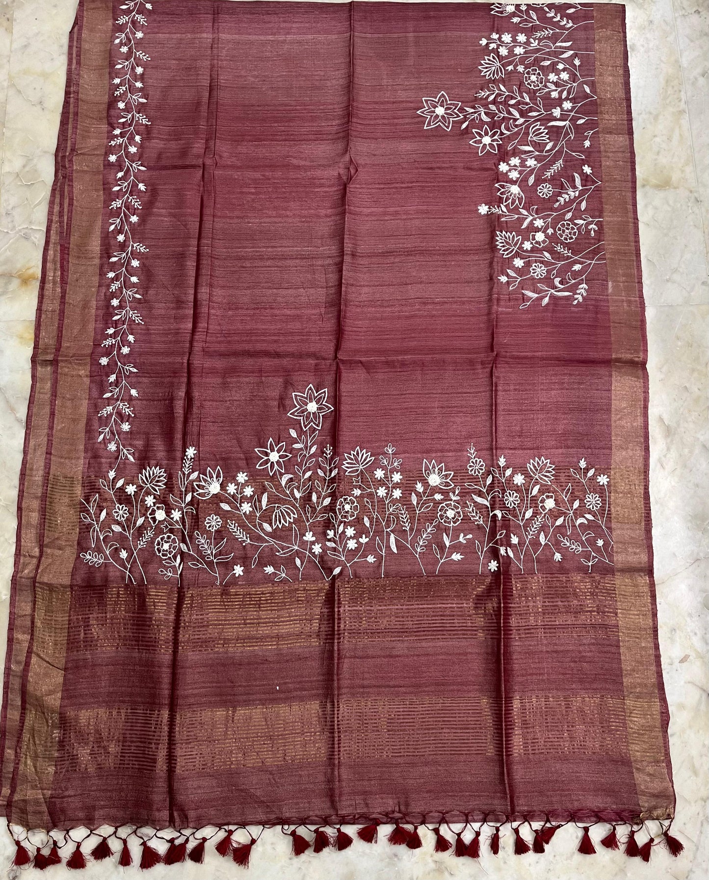 Pure Desi Tussar By Tussar Silk Embroidery Work Saree With Running Blouse