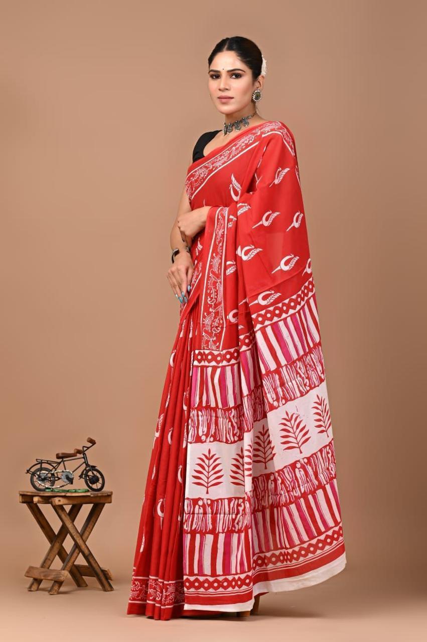 Pure Mulmul Cotton hand block Print Saree with Blouse