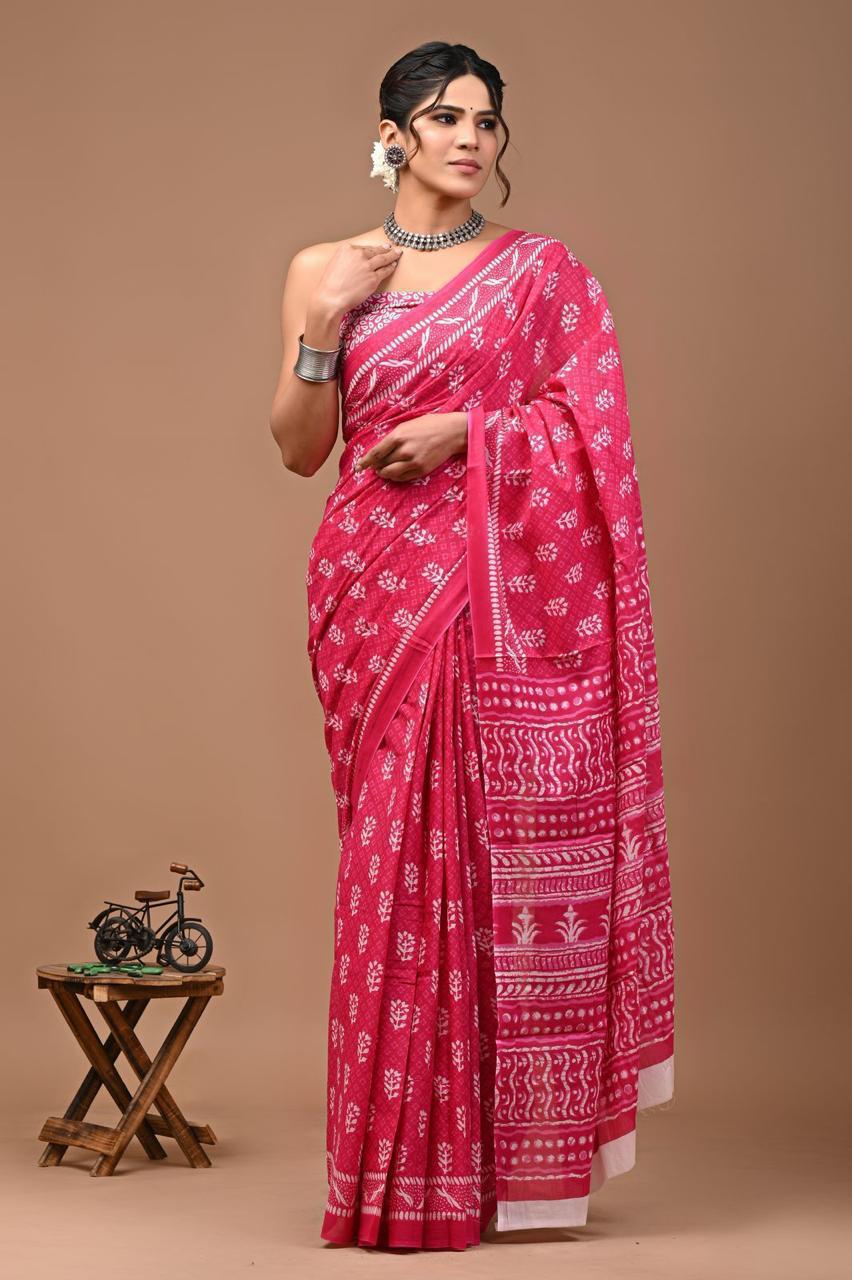 Pure Mulmul Cotton hand block Print Saree with Blouse