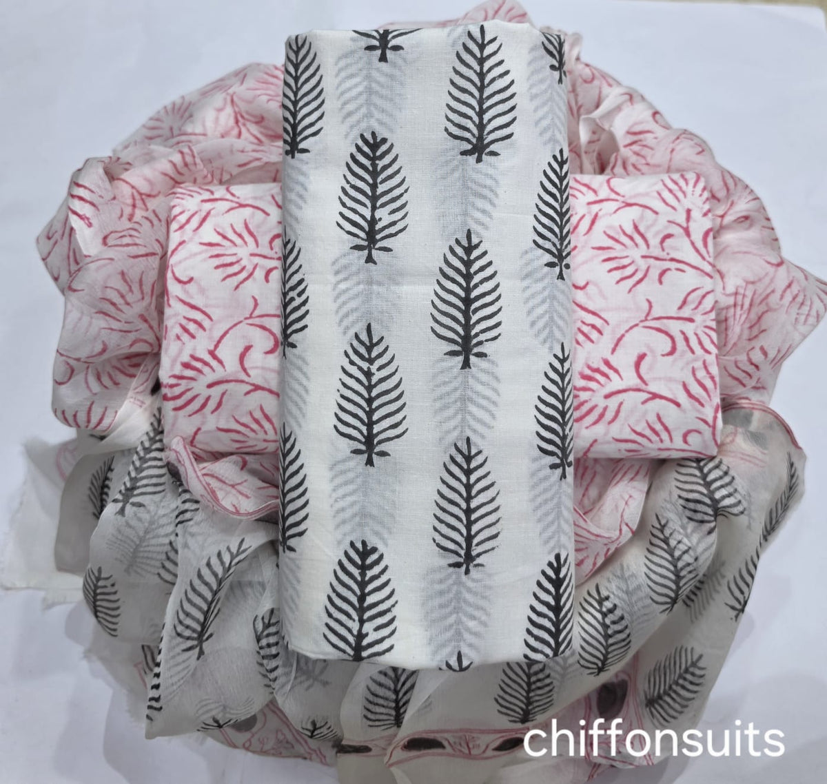 Pure cotton hand-block print suit with Chiffon dupatta