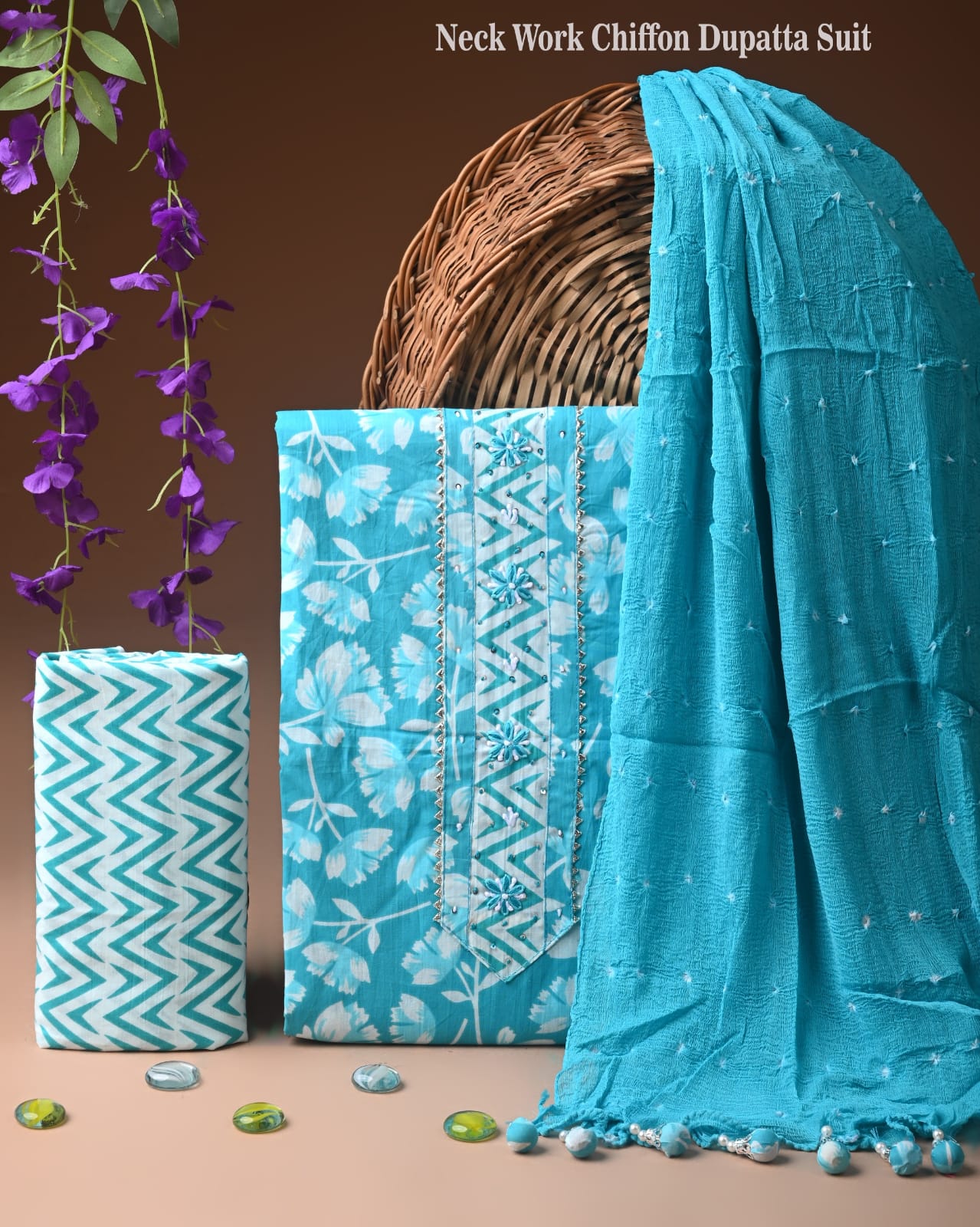 Designer gota patti hand work cotton unstitched suit with chiffon dupatta