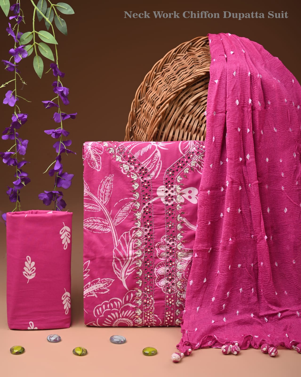 Designer gota patti hand work cotton unstitched suit with chiffon dupatta