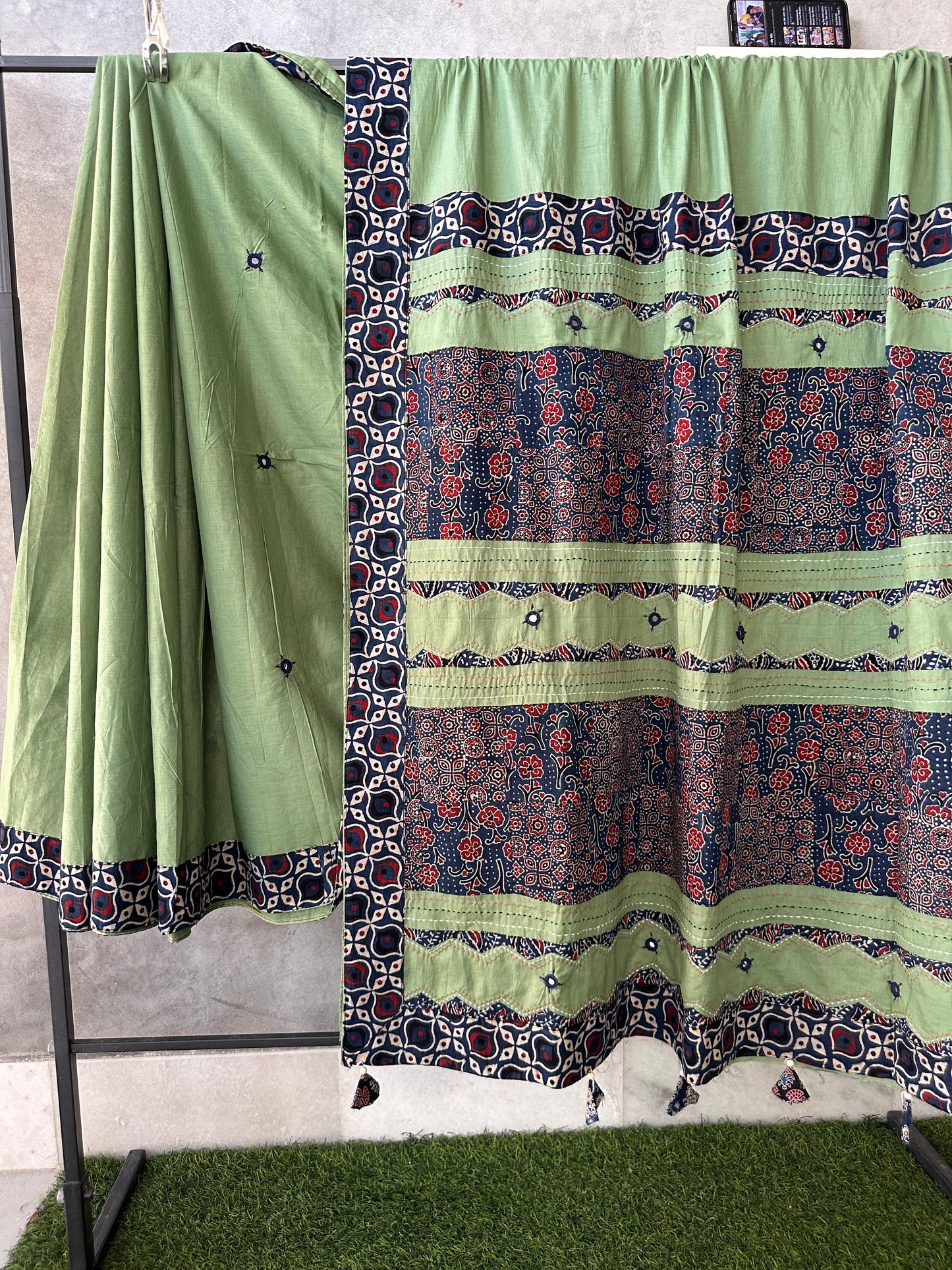 Pure Mul Cotton Saree With Ajrakh Mirror Work