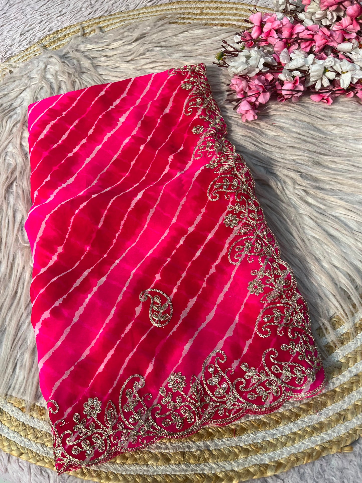 Georgette Leheriya Gota Patti Work Saree With Blouse