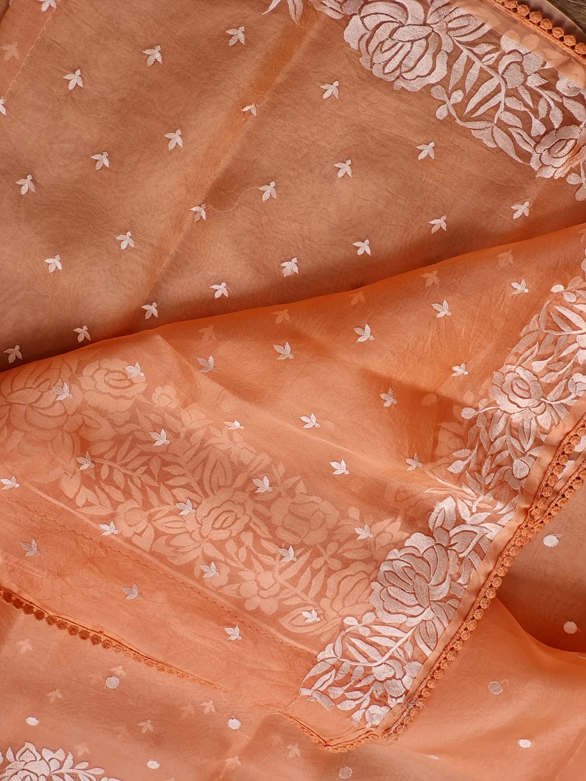 Pure Organza Silk Parsi Embroidery Work Saree With Heavy Blouse