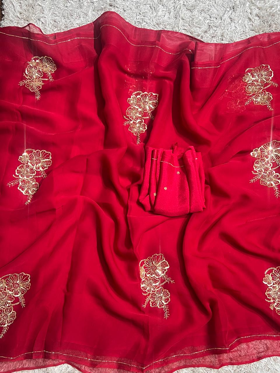 Pure Jaipuri Chiffon Hand-work motif work saree with blouse