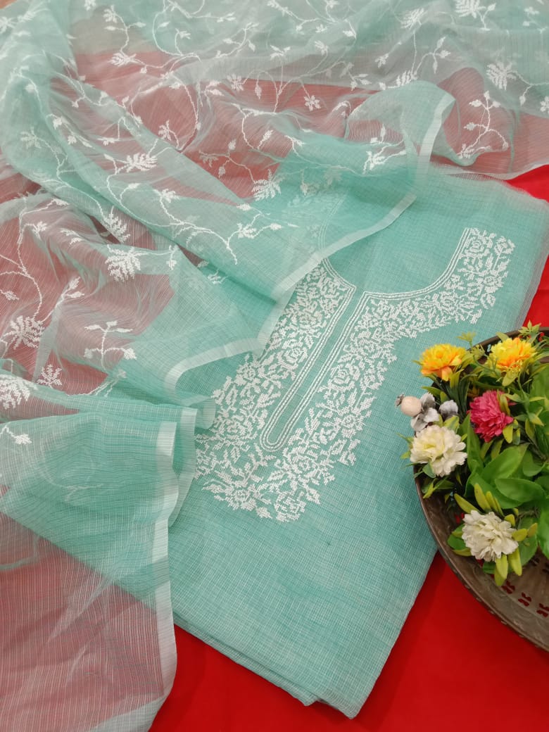 Pure Kota-Doria Unstitched Suit with Embroidery Work