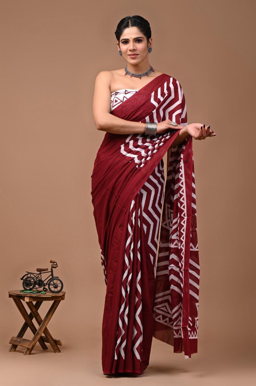 Pure Mulmul Cotton hand block Print Saree with Blouse