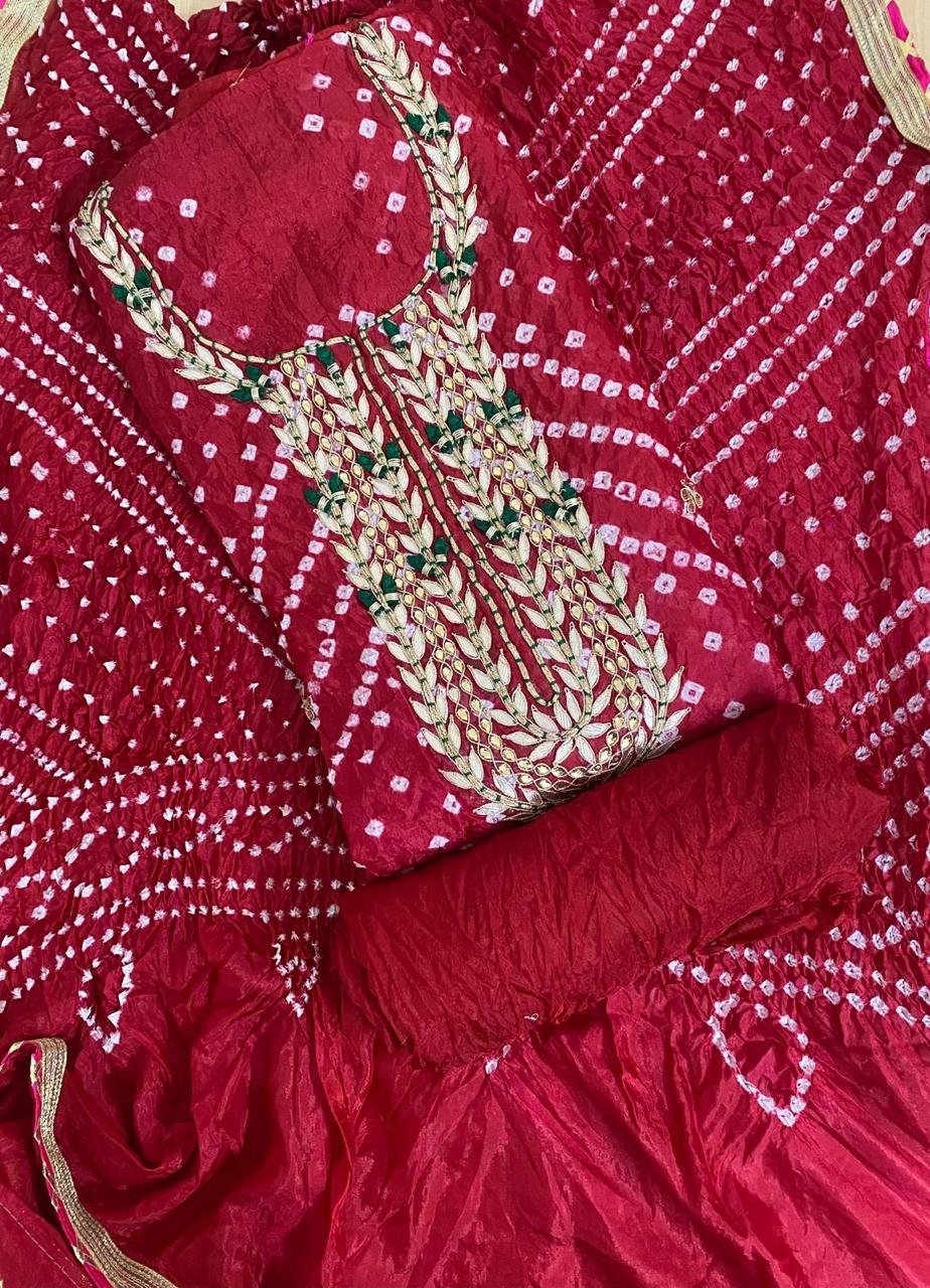 Bandhej Gota patti work Unstitched Suit
