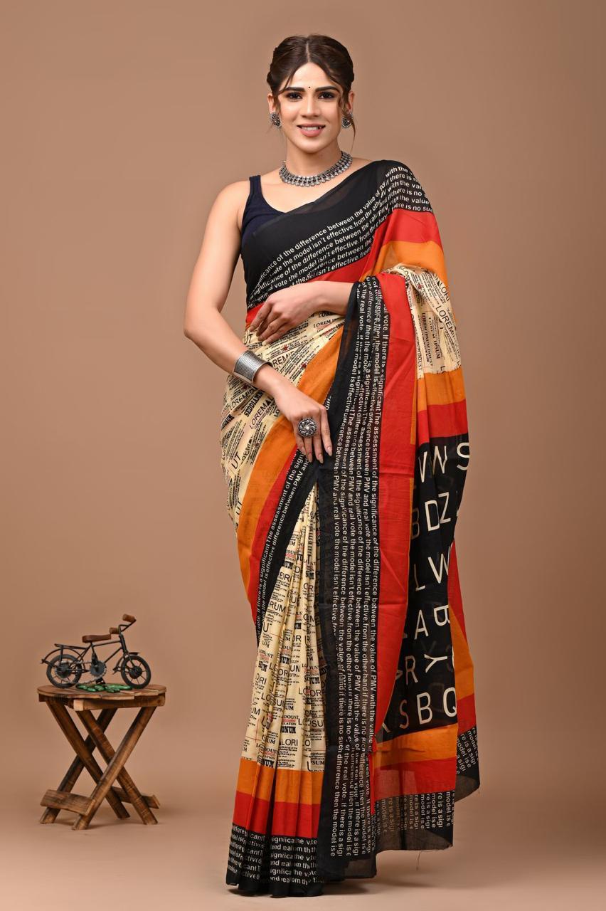Pure Mulmul Cotton hand block Print Saree with Blouse
