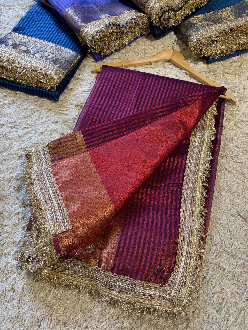 Banarasi Premium Tissue Silk Saree with Gotapatti + Uljhi lace work Border