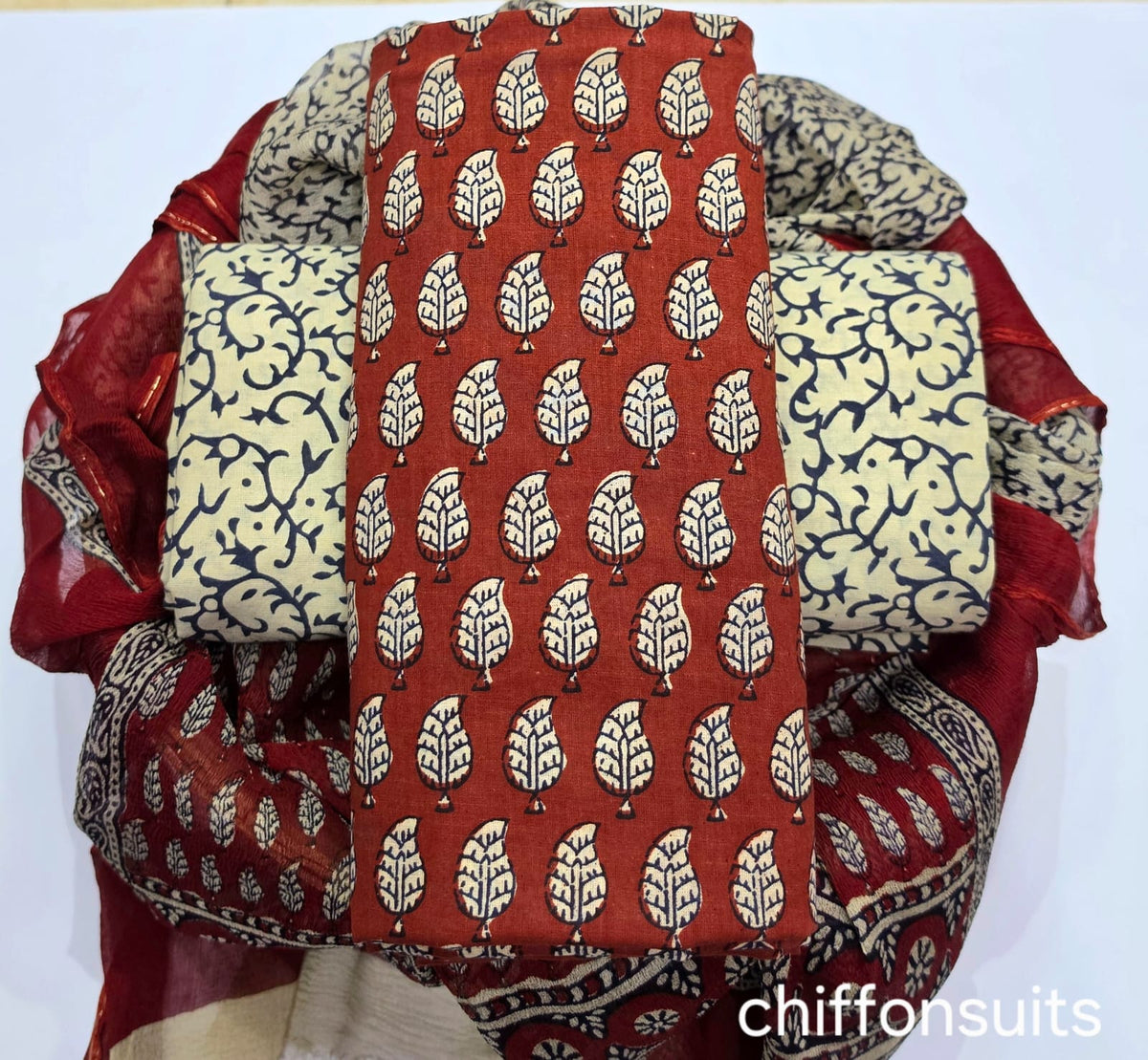 Pure cotton hand-block print suit with Chiffon dupatta