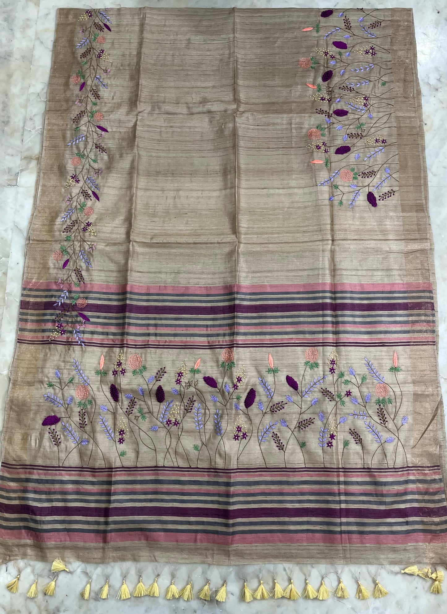 Pure Desi Tussar By Tussar Silk Embroidery Work Saree With Running Blouse