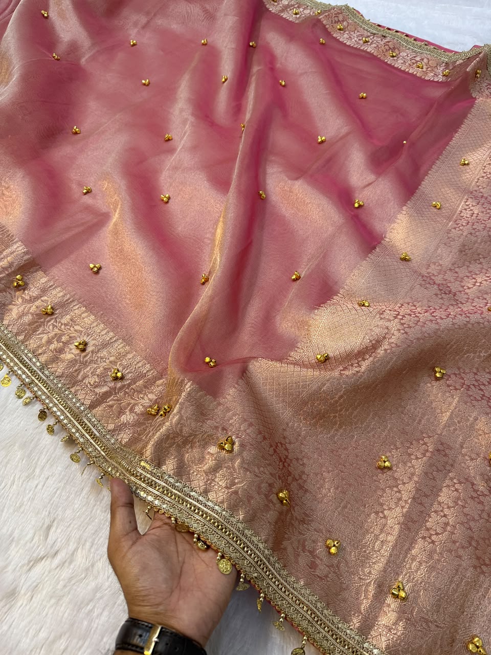 Premium Banarasi Tissue Zari Weaving Saree with Ghungroo Handwork Border