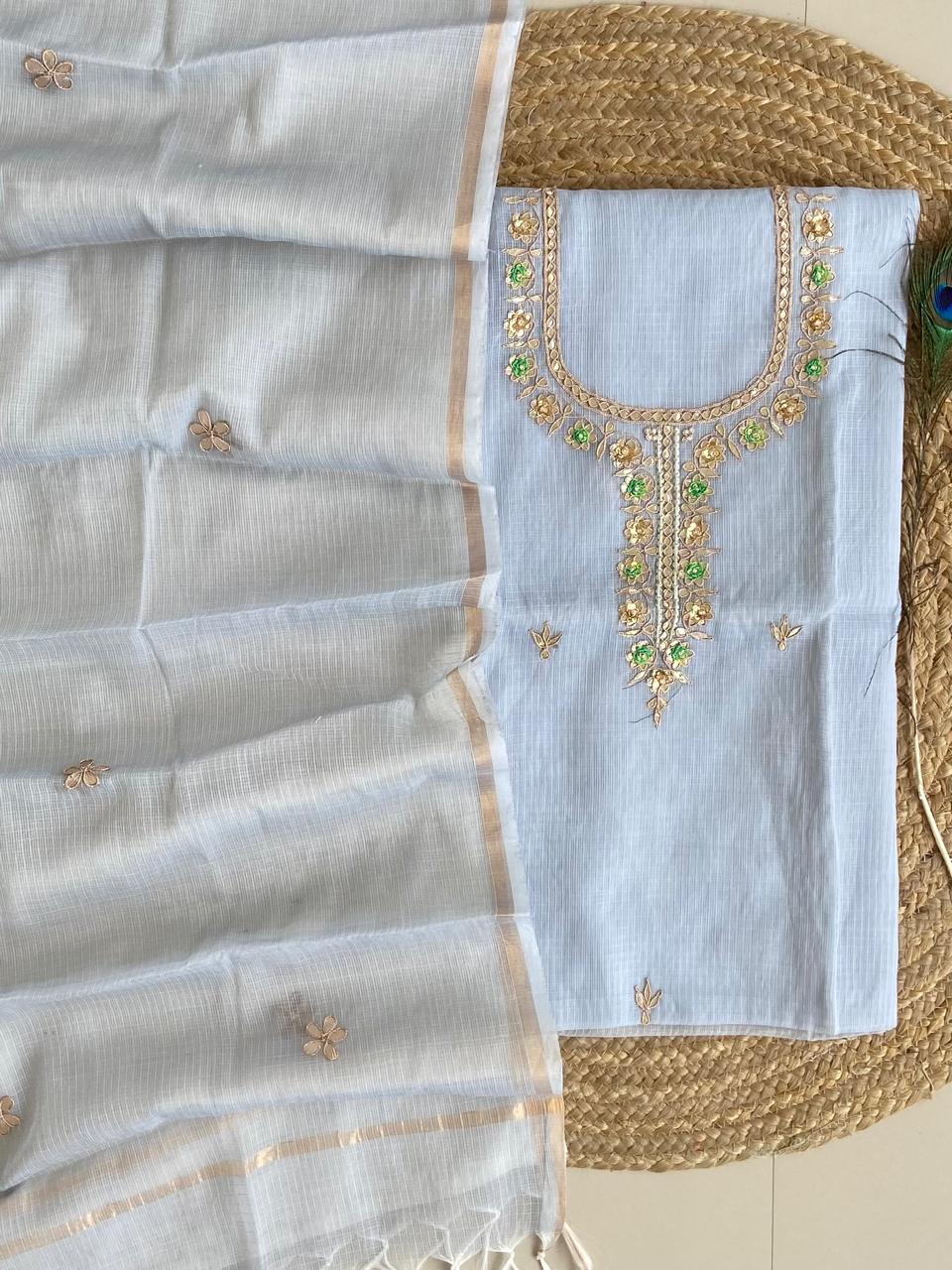 Pure Kota-Doria Unstitched Suit Gota Patti work Work