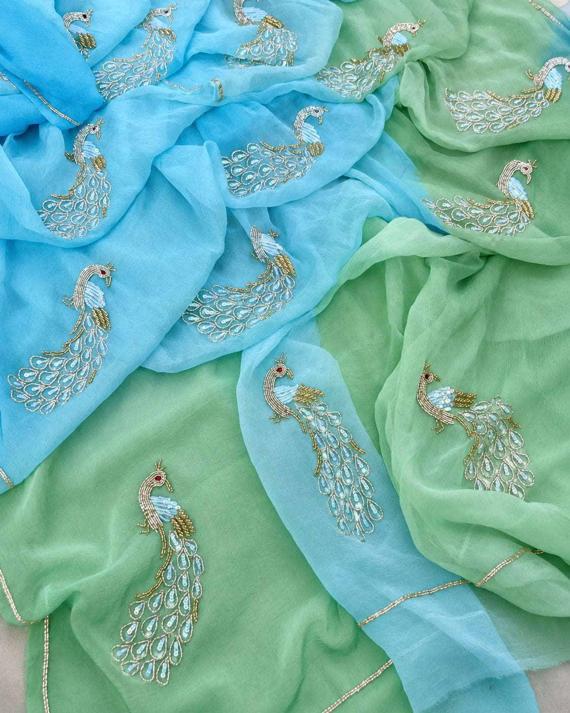 Pure Jaipuri Chiffon 13 big peacock work Saree with blouse