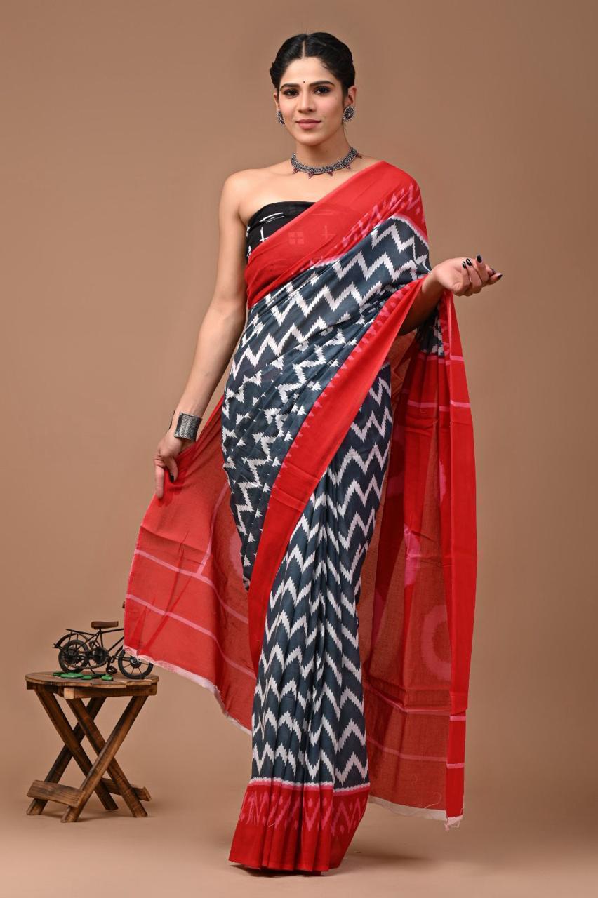 Pure Mulmul Cotton hand block Print Saree with Blouse
