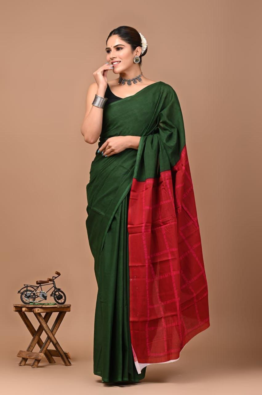Pure Mulmul Cotton hand block Print Saree with Blouse