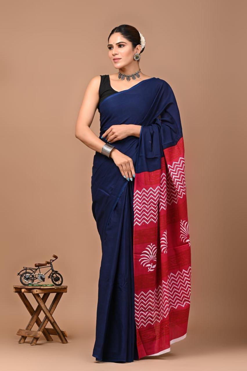 Pure Mulmul Cotton hand block Print Saree with Blouse