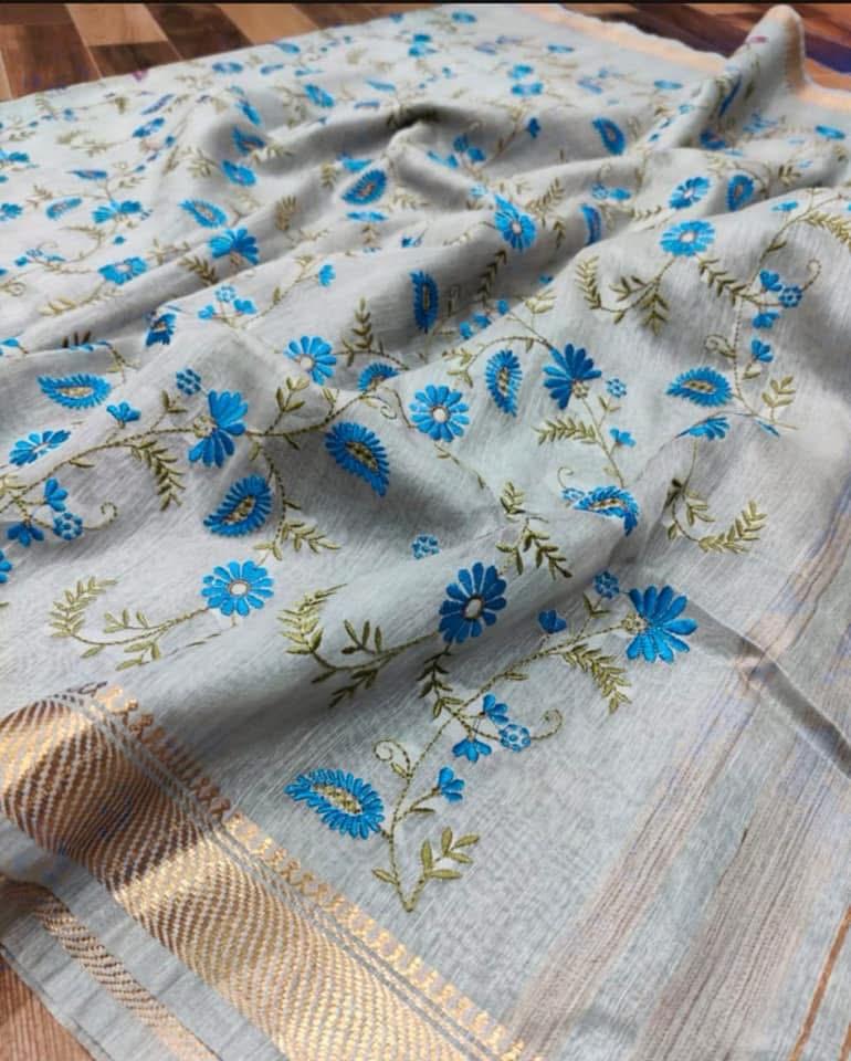 Pure Linen Silk Hand Embroidery Work Saree With Blouse