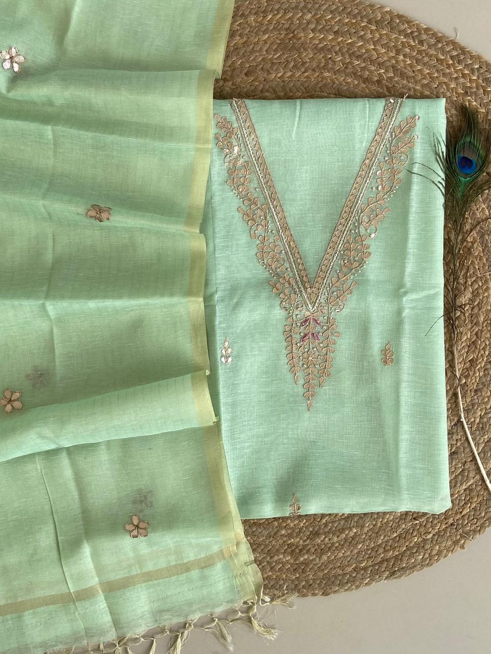 Pure Kota-Doria Unstitched Suit Gota Patti work Work