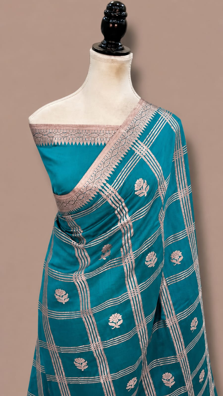 Mango Katan Banarasi Soft Silk Saree with Zari Check Weaving and Floral Boota Work